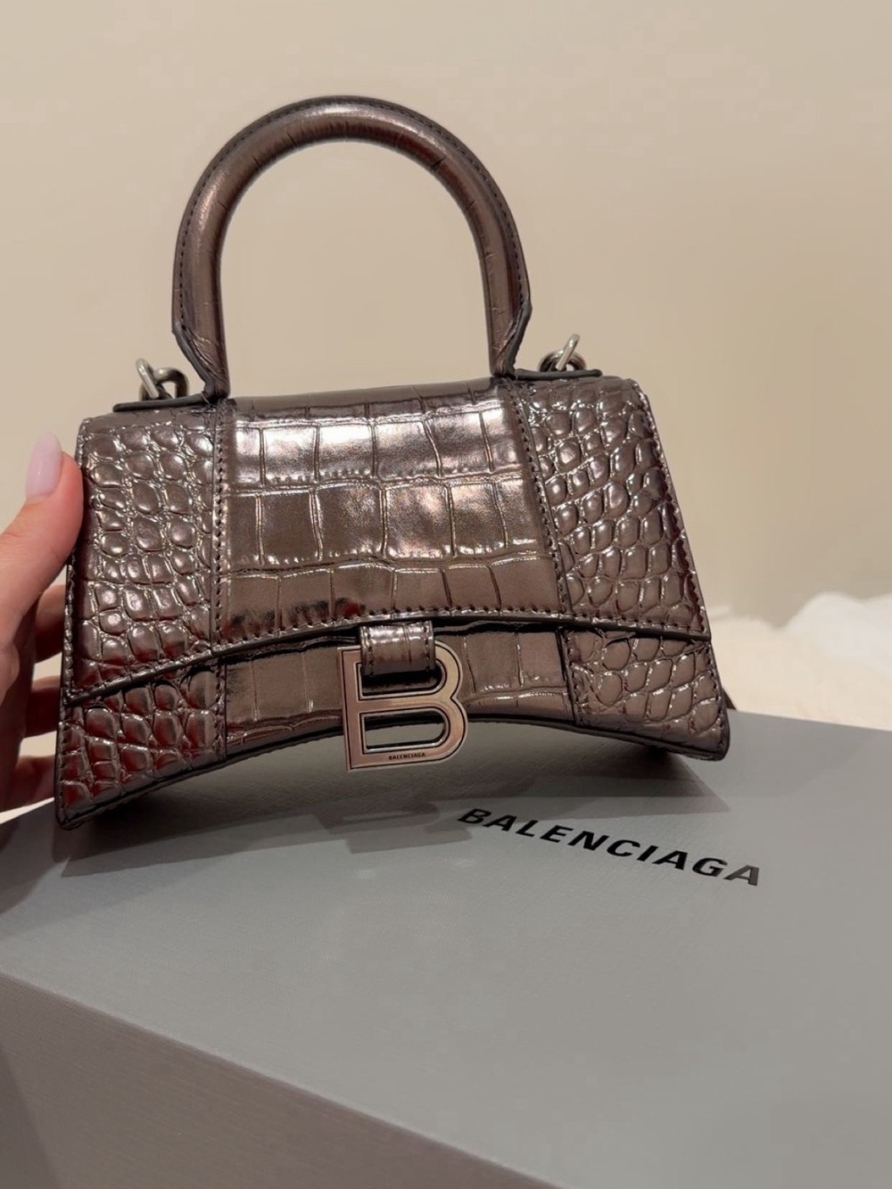 Balenciaga Metallic Taupe Croc-Embossed Hourglass Mini Top Handle Bag